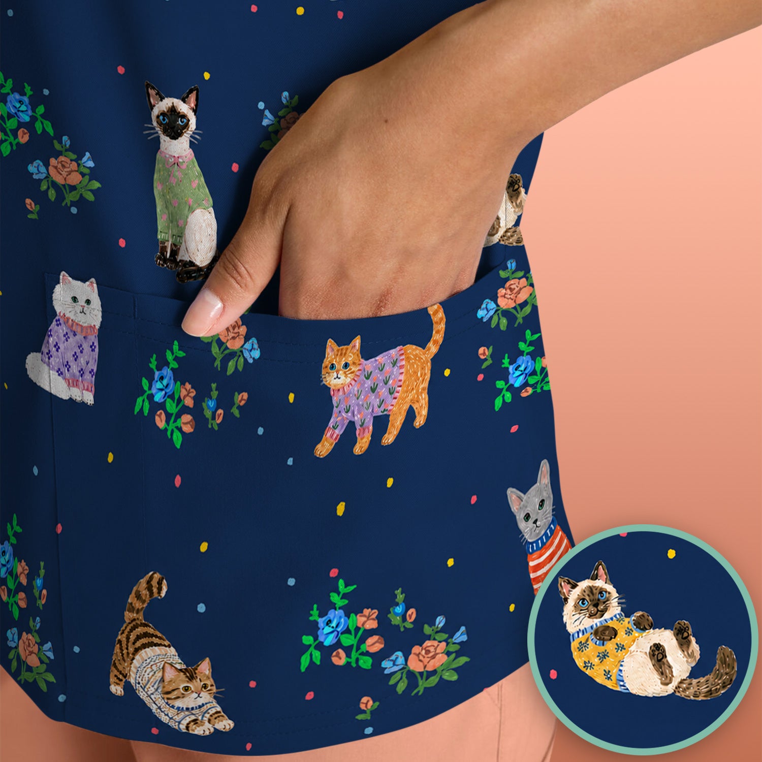Cute Watercolor Cat Pattern Scrub Top, Comfortable Scrubs for Nurses