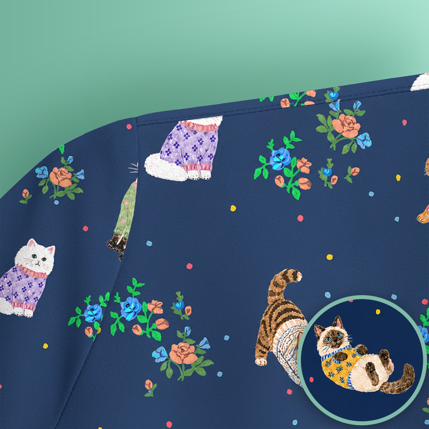 Cute Watercolor Cat Pattern Scrub Top, Comfortable Scrubs for Nurses
