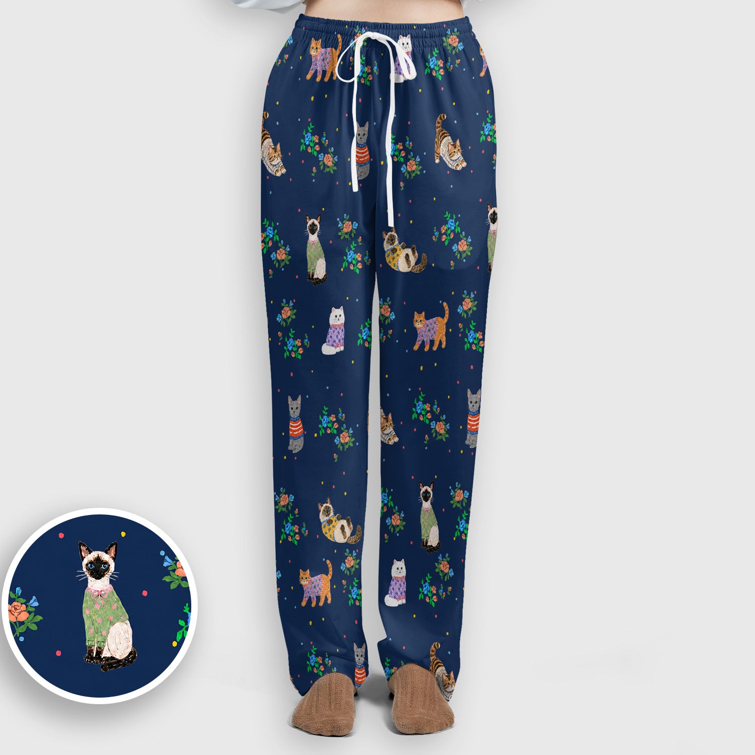 Cute Watercolor Cat Pattern Scrub Set, Scrub Pants and V Neck Top