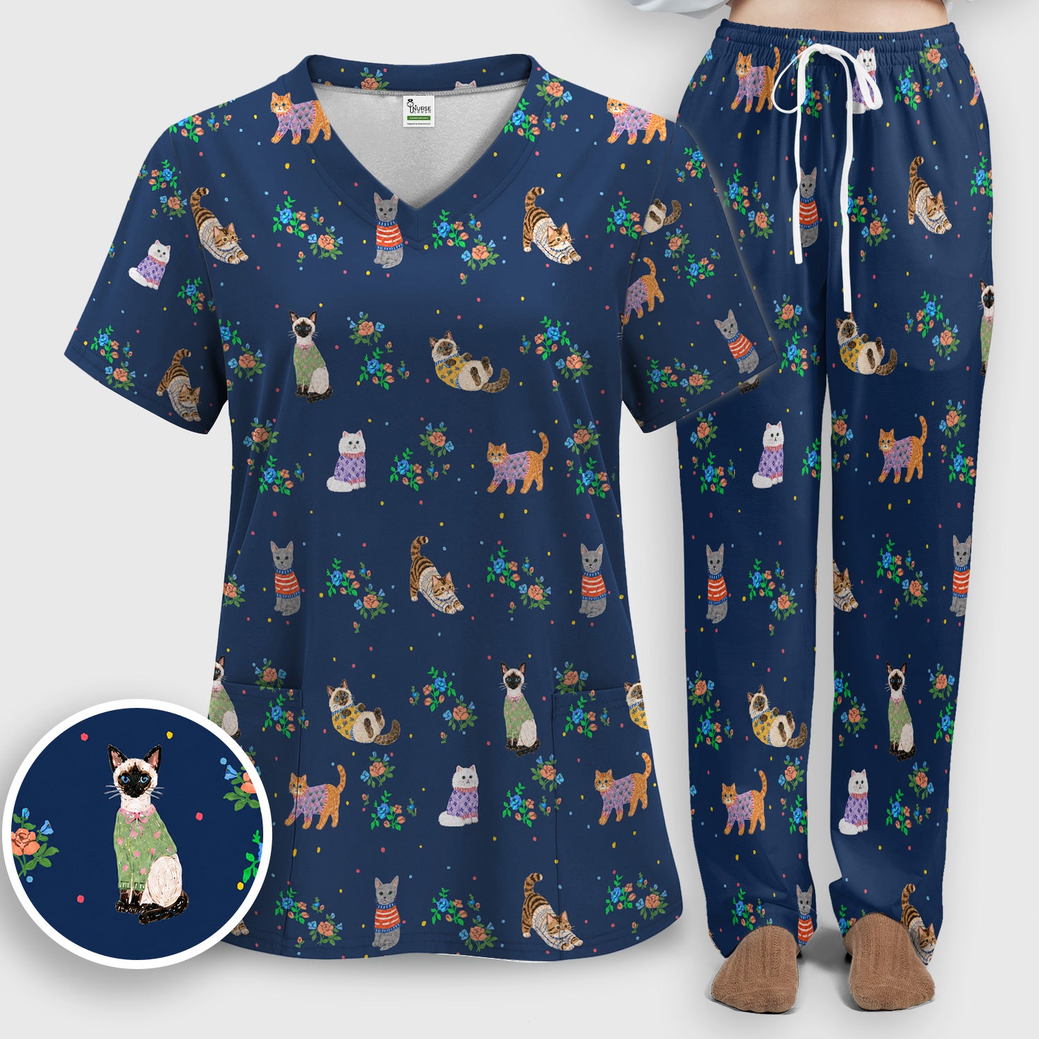 Cute Watercolor Cat Pattern Scrub Set, Scrub Pants and V Neck Top