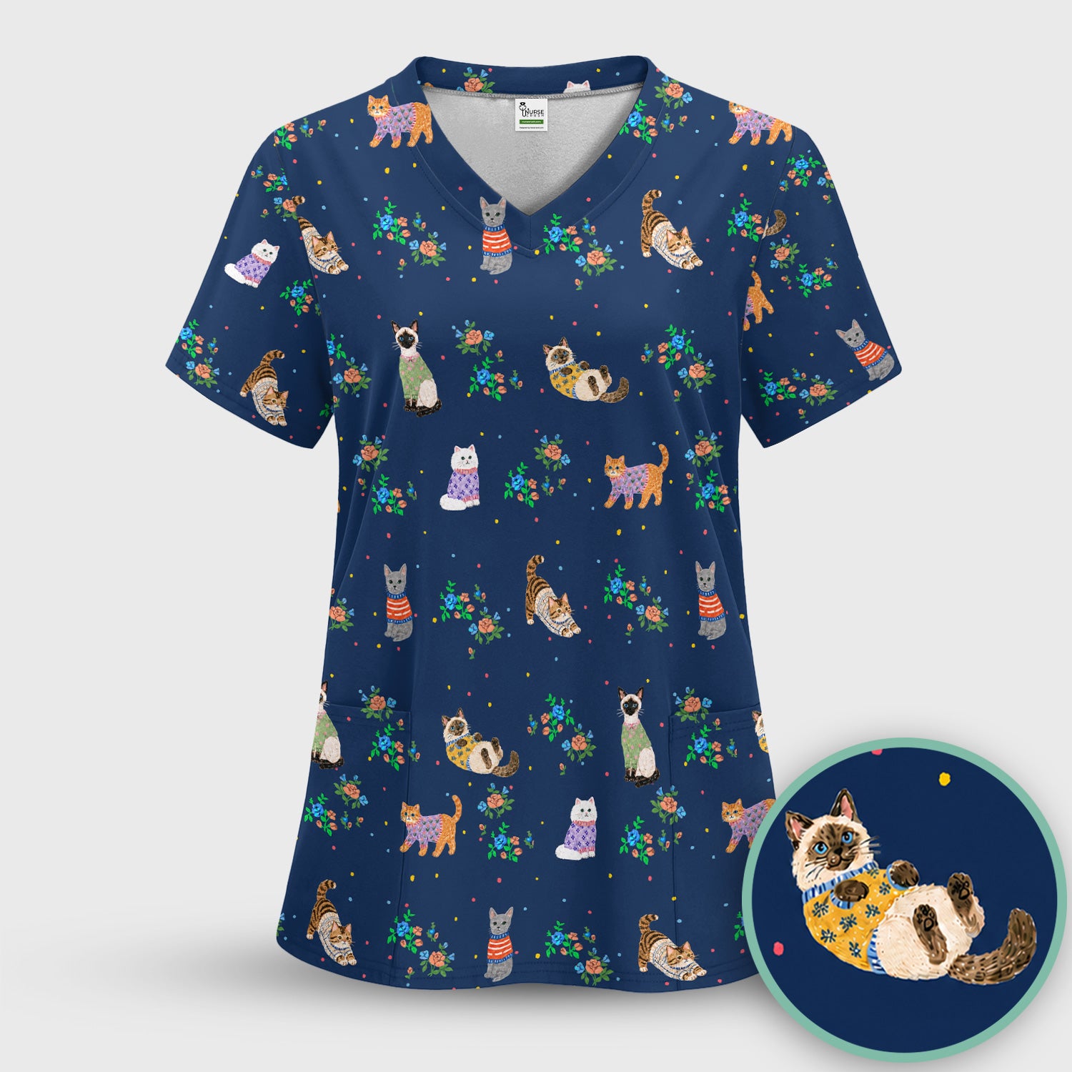 Cute Watercolor Cat Pattern Scrub Set, Scrub Pants and V Neck Top