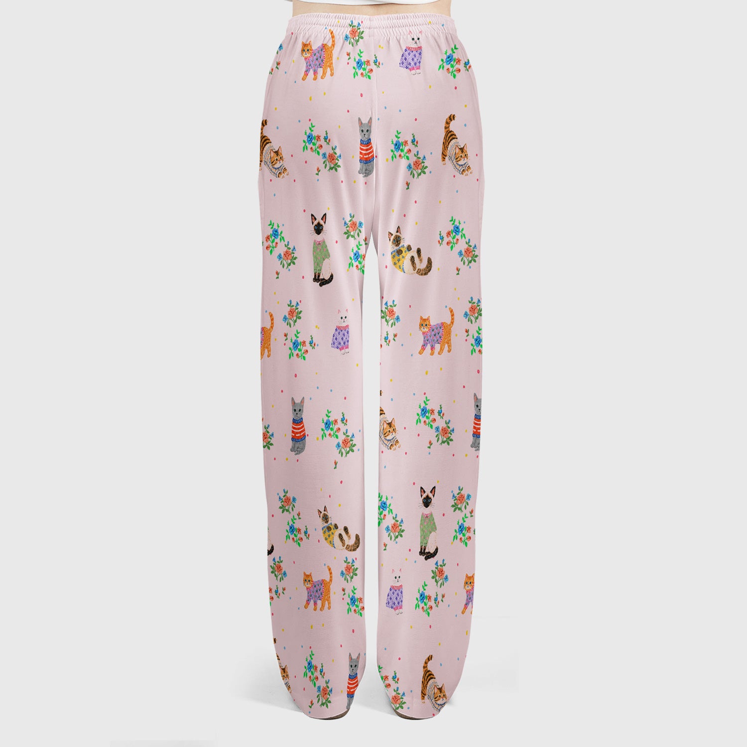Cute Watercolor Cat Pattern Scrub Set, Scrub Pants and V Neck Top