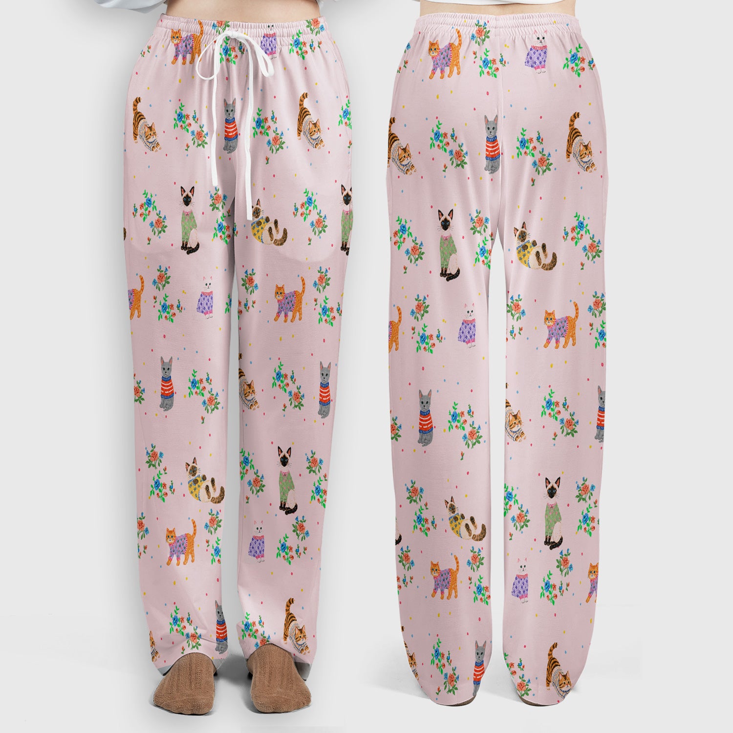 Cute Watercolor Cat Pattern Scrub Set, Scrub Pants and V Neck Top