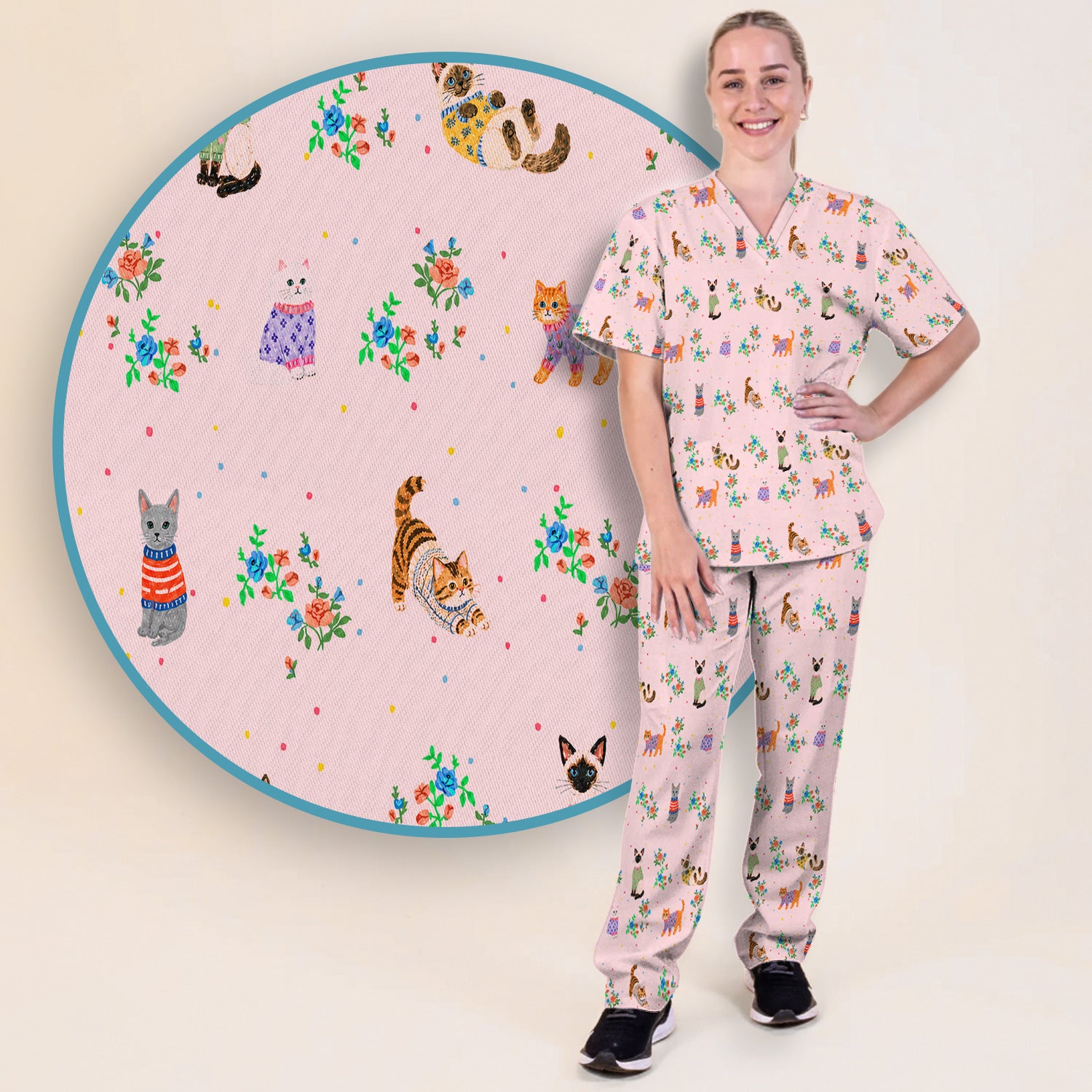 Cute Watercolor Cat Pattern Scrub Set, Scrub Pants and V Neck Top