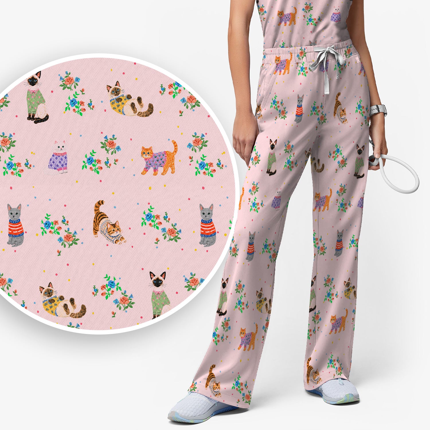 Cute Watercolor Cat Pattern Scrub Set, Scrub Pants and V Neck Top