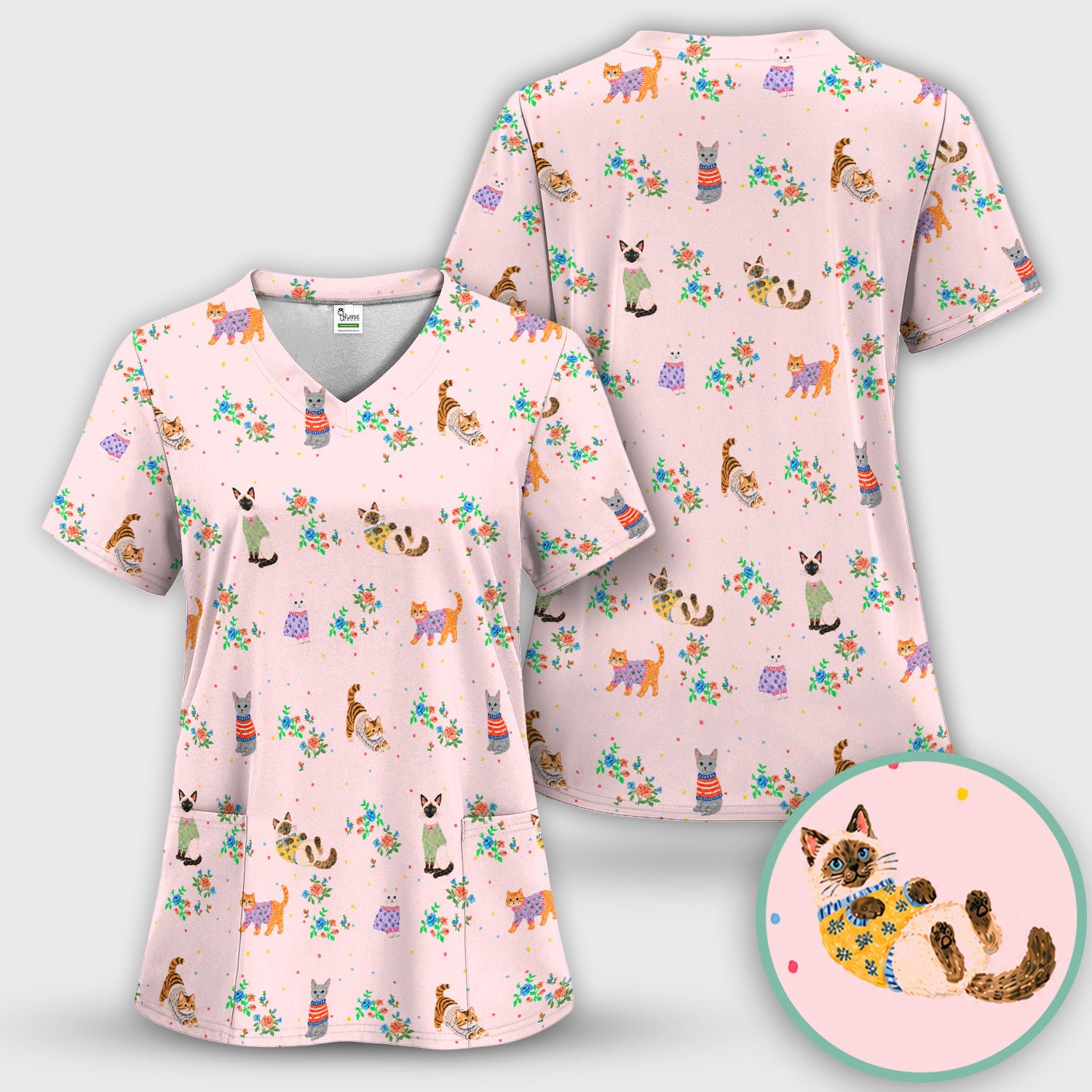 Cute Watercolor Cat Pattern Scrub Set, Scrub Pants and V Neck Top