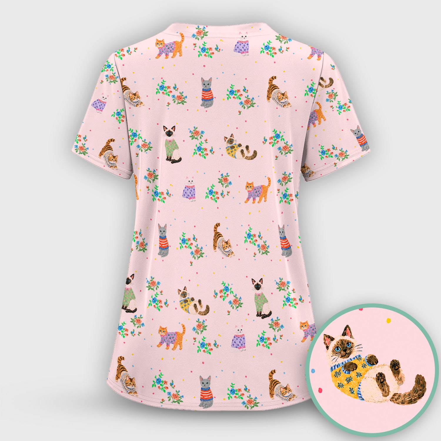 Cute Watercolor Cat Pattern Scrub Set, Scrub Pants and V Neck Top