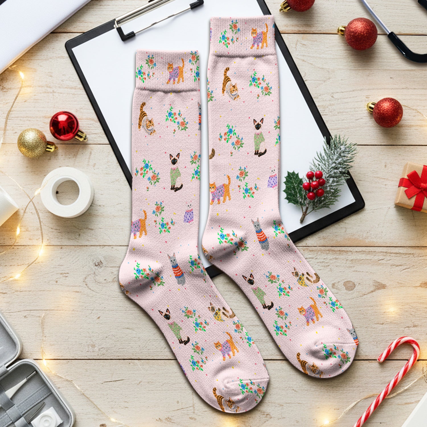 Cute Watercolor Cat Pattern Socks, Adult Socks for Men and Women