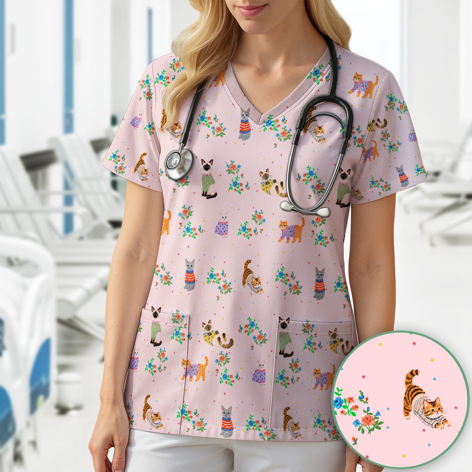 Cute Watercolor Cat Pattern Scrub Top, Comfortable Scrubs for Nurses
