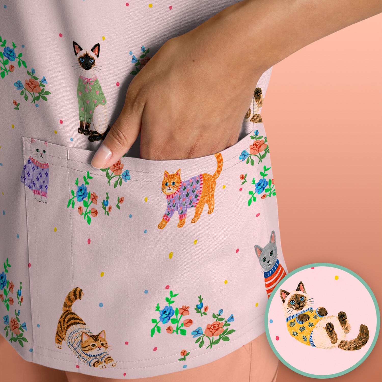 Cute Watercolor Cat Pattern Scrub Top, Comfortable Scrubs for Nurses