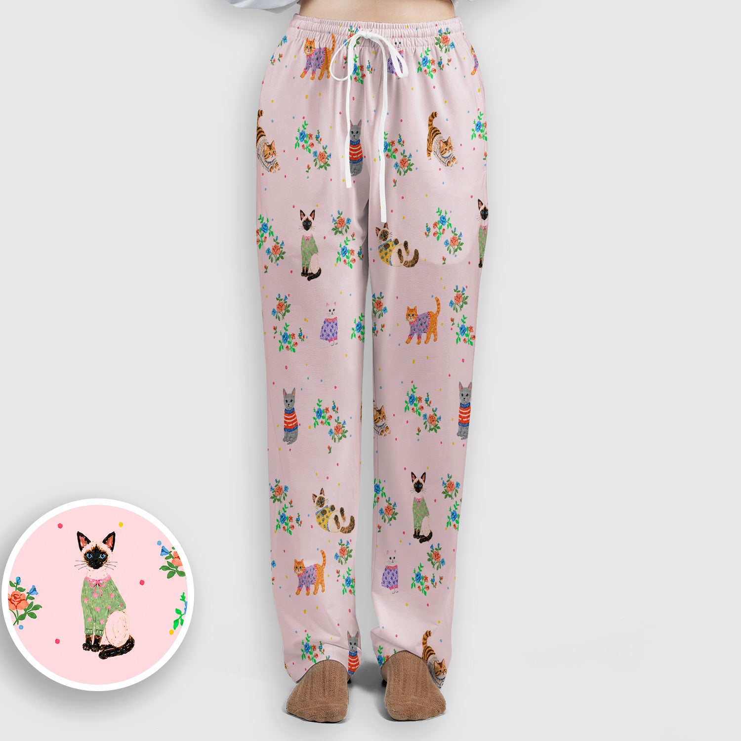 Cute Watercolor Cat Pattern Scrub Set, Scrub Pants and V Neck Top