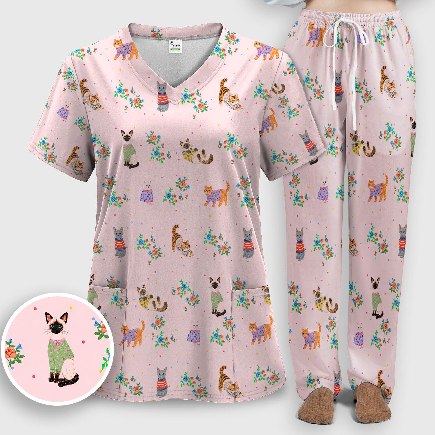Cute Watercolor Cat Pattern Scrub Set, Scrub Pants and V Neck Top