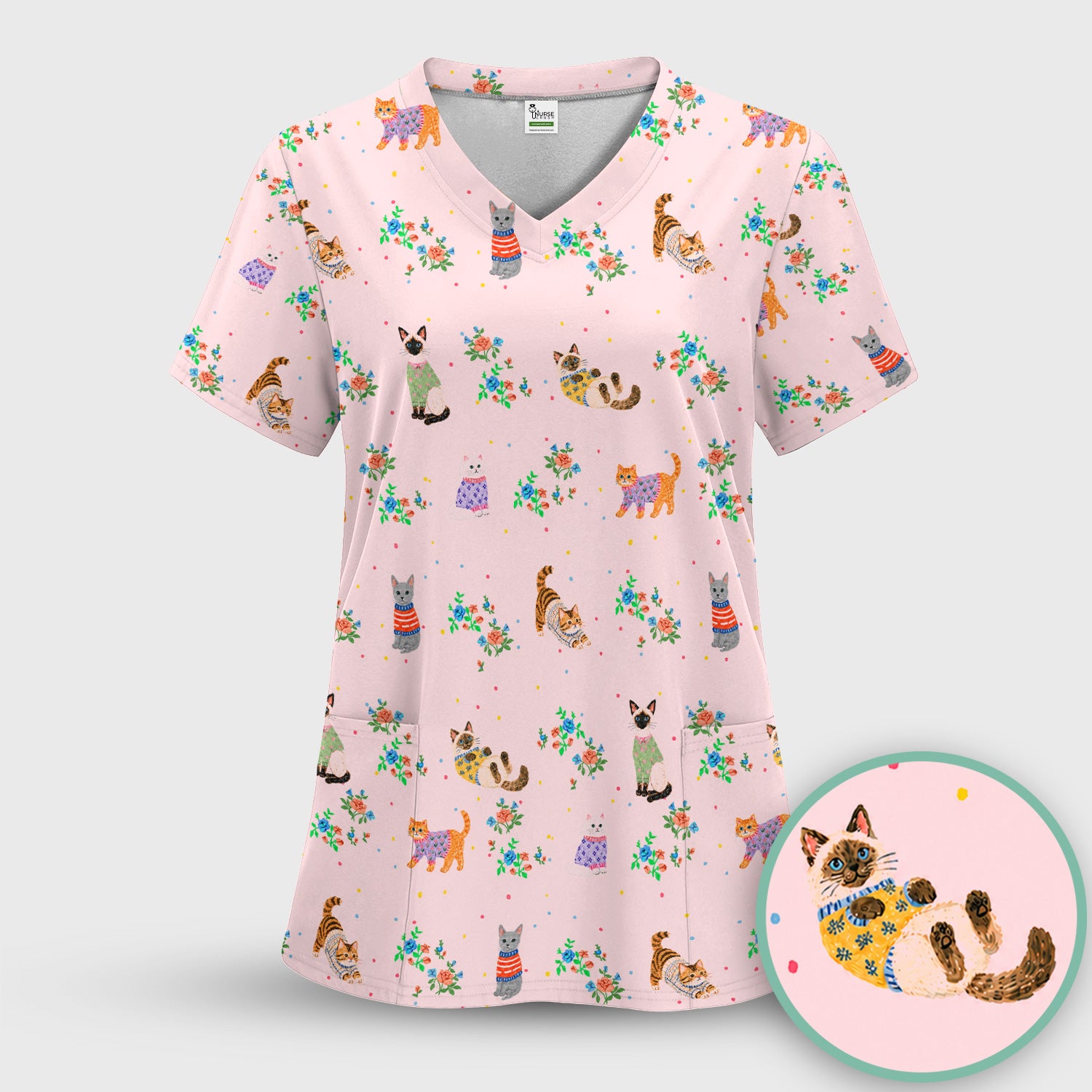 Cute Watercolor Cat Pattern Scrub Set, Scrub Pants and V Neck Top