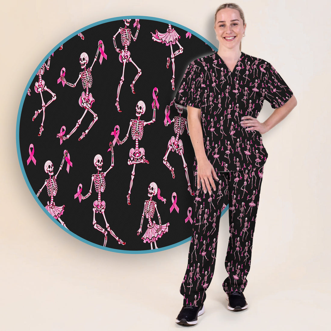 Breast Cancer Skeleton Nurse Scrub Set, Scrub Pants and V Neck Top