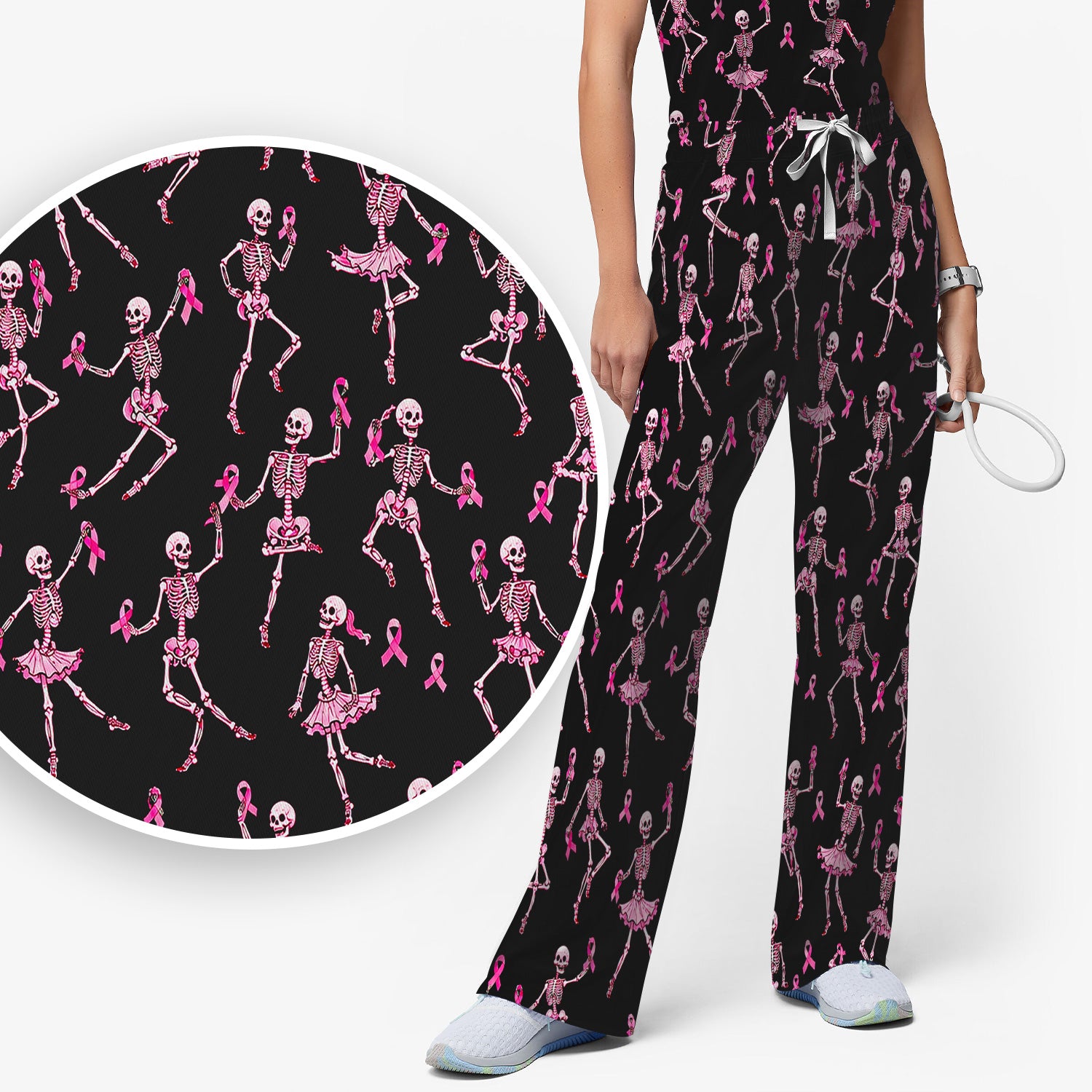 Breast Cancer Skeleton Nurse Scrub Set, Scrub Pants and V Neck Top