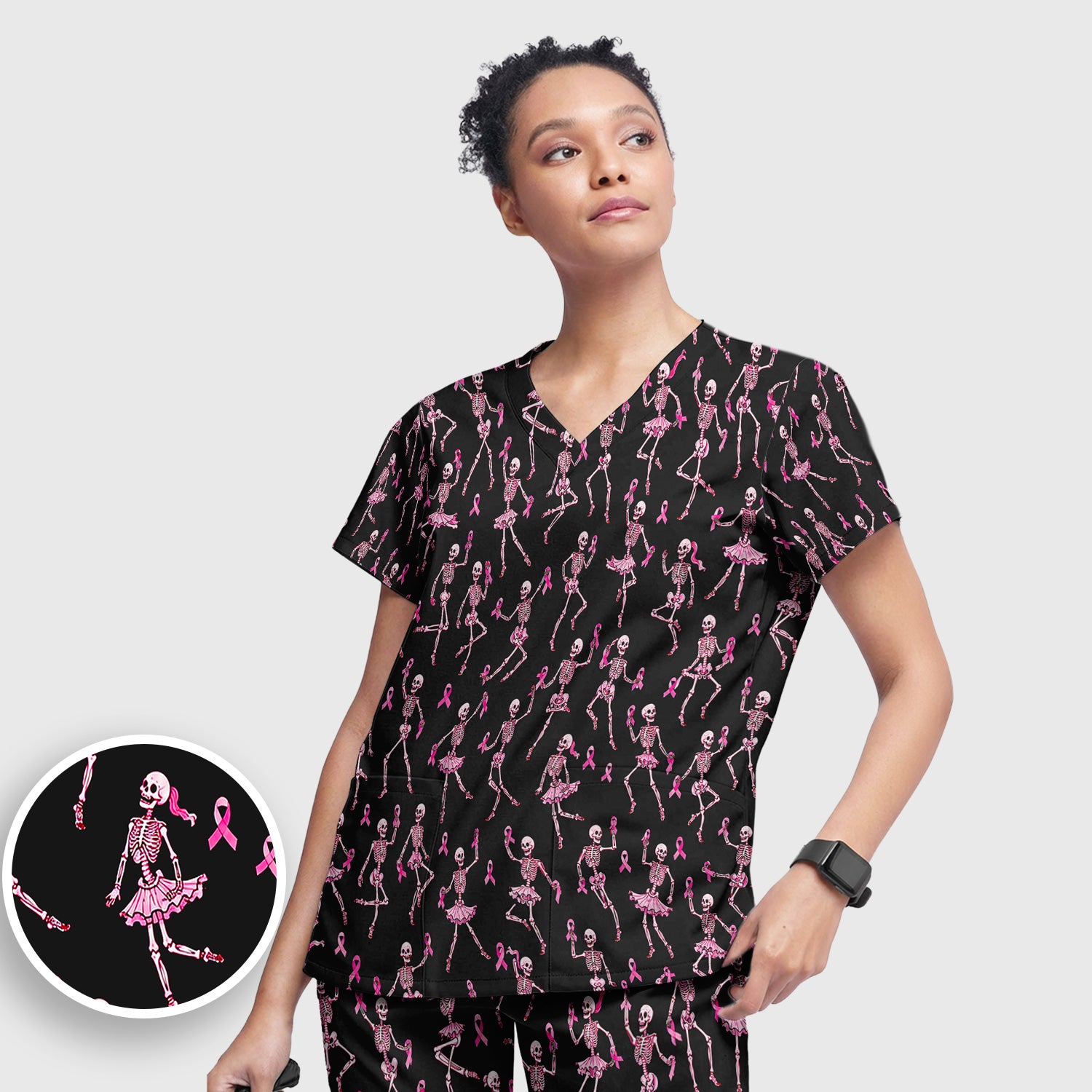 Breast Cancer Skeleton Nurse Scrub Set, Scrub Pants and V Neck Top