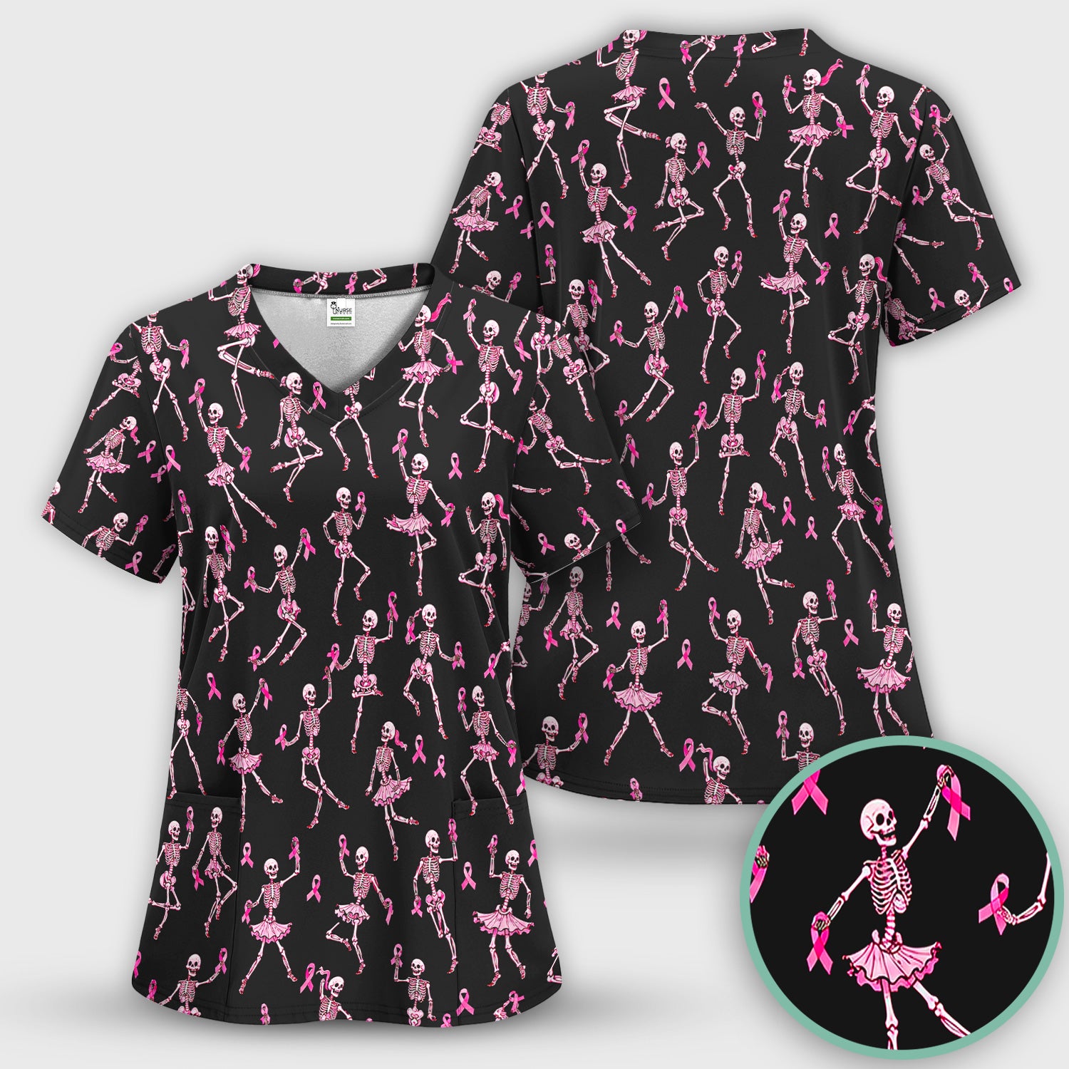 Breast Cancer Skeleton Nurse Scrub Top, Comfortable Scrubs for Nurses