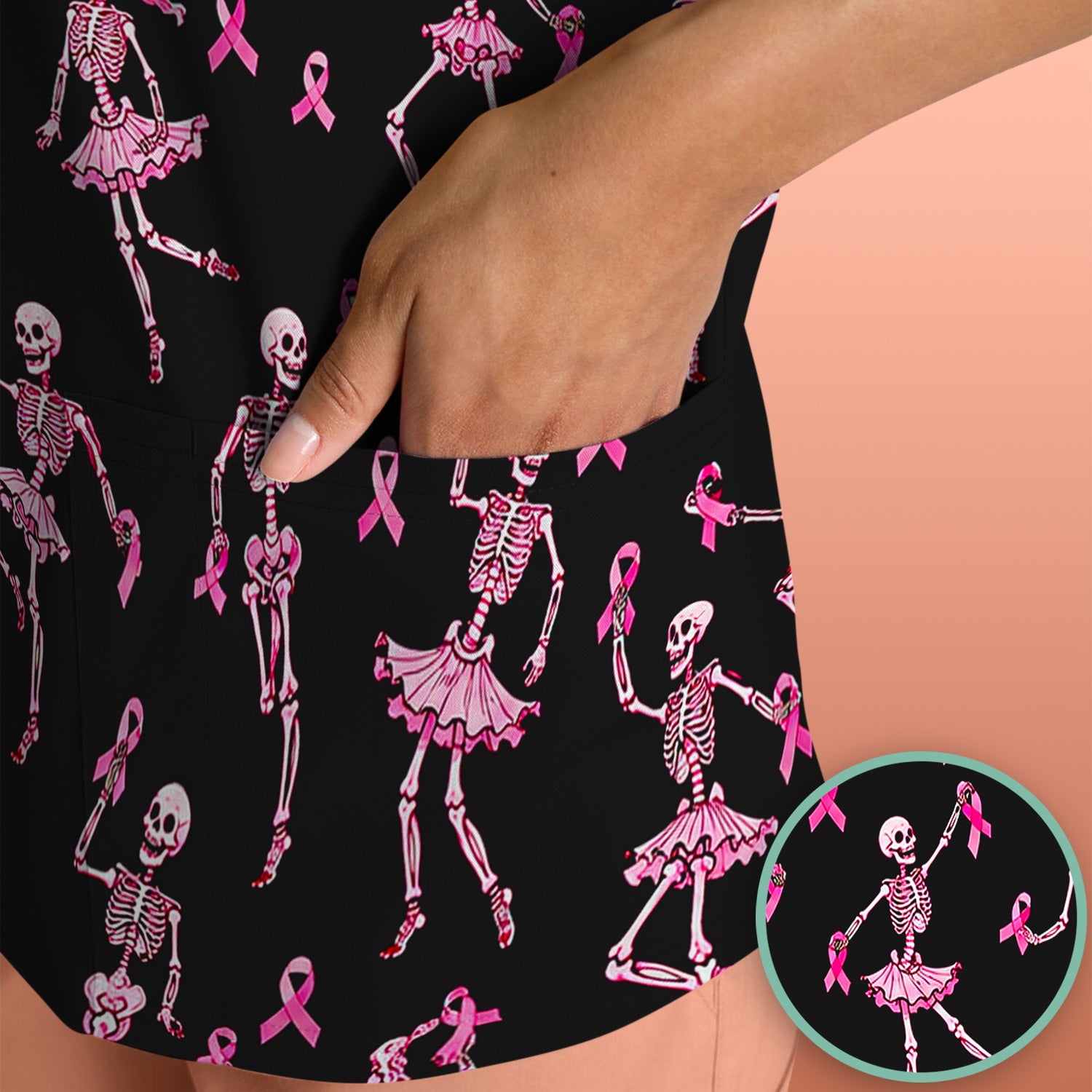 Breast Cancer Skeleton Nurse Scrub Top, Comfortable Scrubs for Nurses