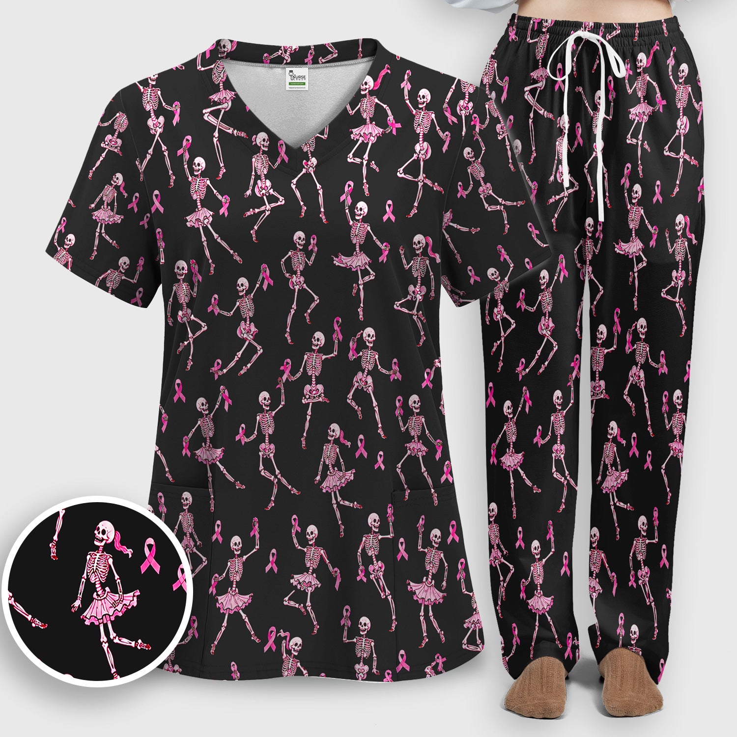 Breast Cancer Skeleton Nurse Scrub Set, Scrub Pants and V Neck Top