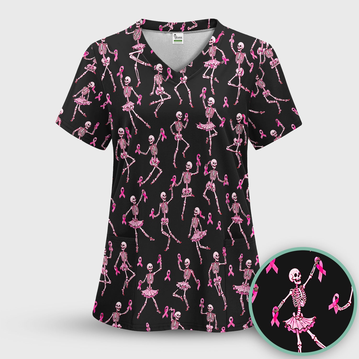 Breast Cancer Skeleton Nurse Scrub Top, Comfortable Scrubs for Nurses