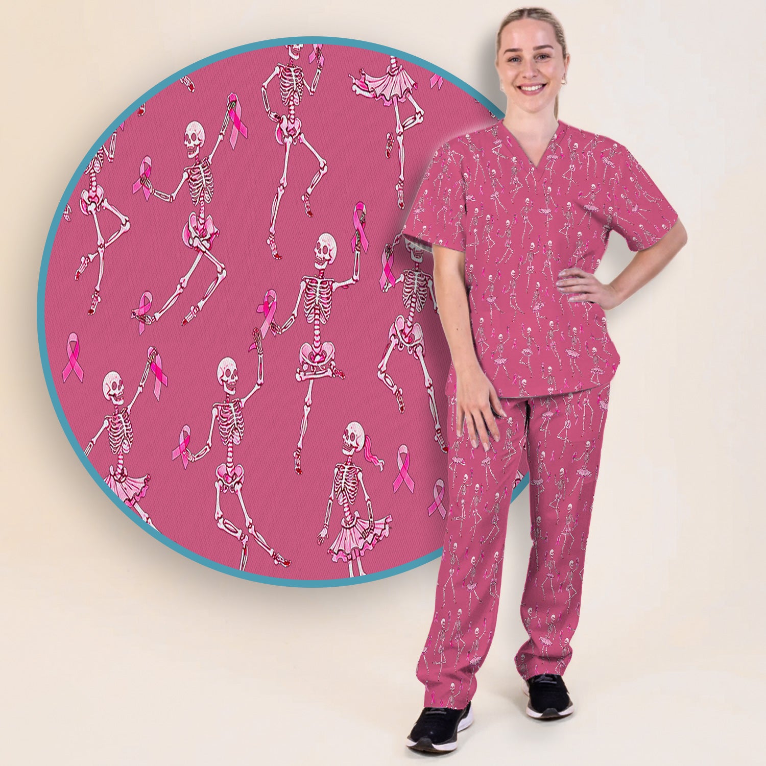Breast Cancer Skeleton Nurse Scrub Set, Scrub Pants and V Neck Top