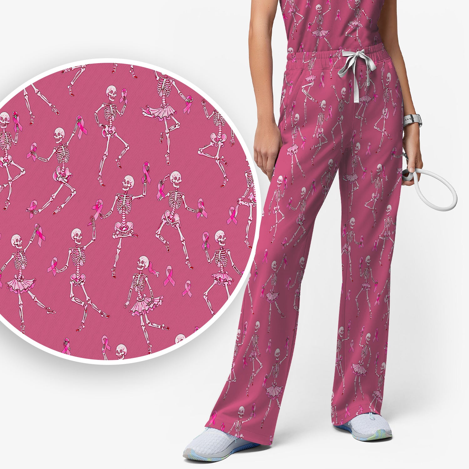Breast Cancer Skeleton Nurse Scrub Set, Scrub Pants and V Neck Top