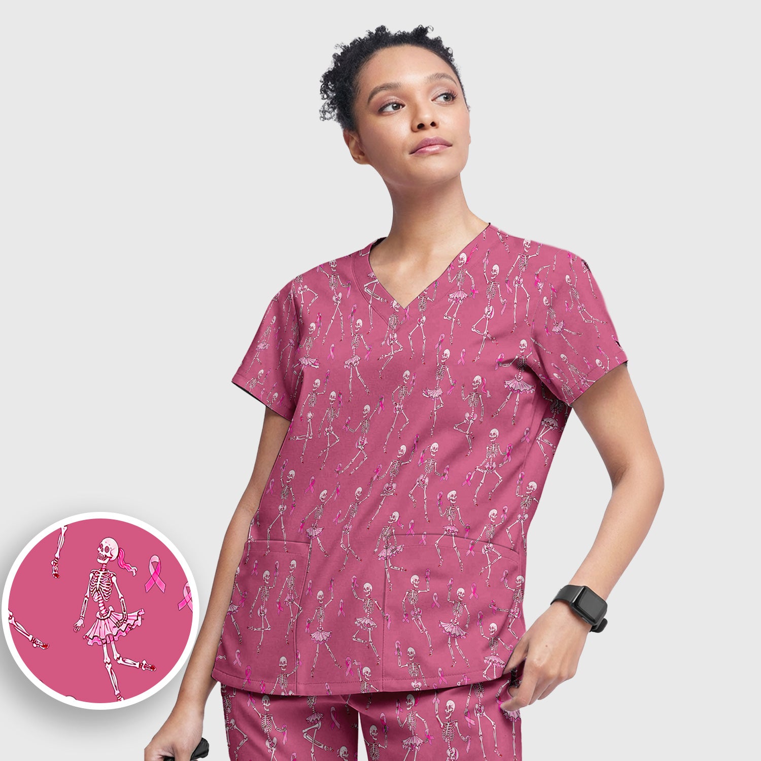 Breast Cancer Skeleton Nurse Scrub Set, Scrub Pants and V Neck Top