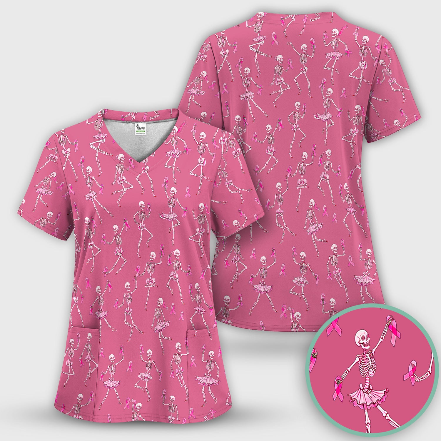 Breast Cancer Skeleton Nurse Scrub Top, Comfortable Scrubs for Nurses