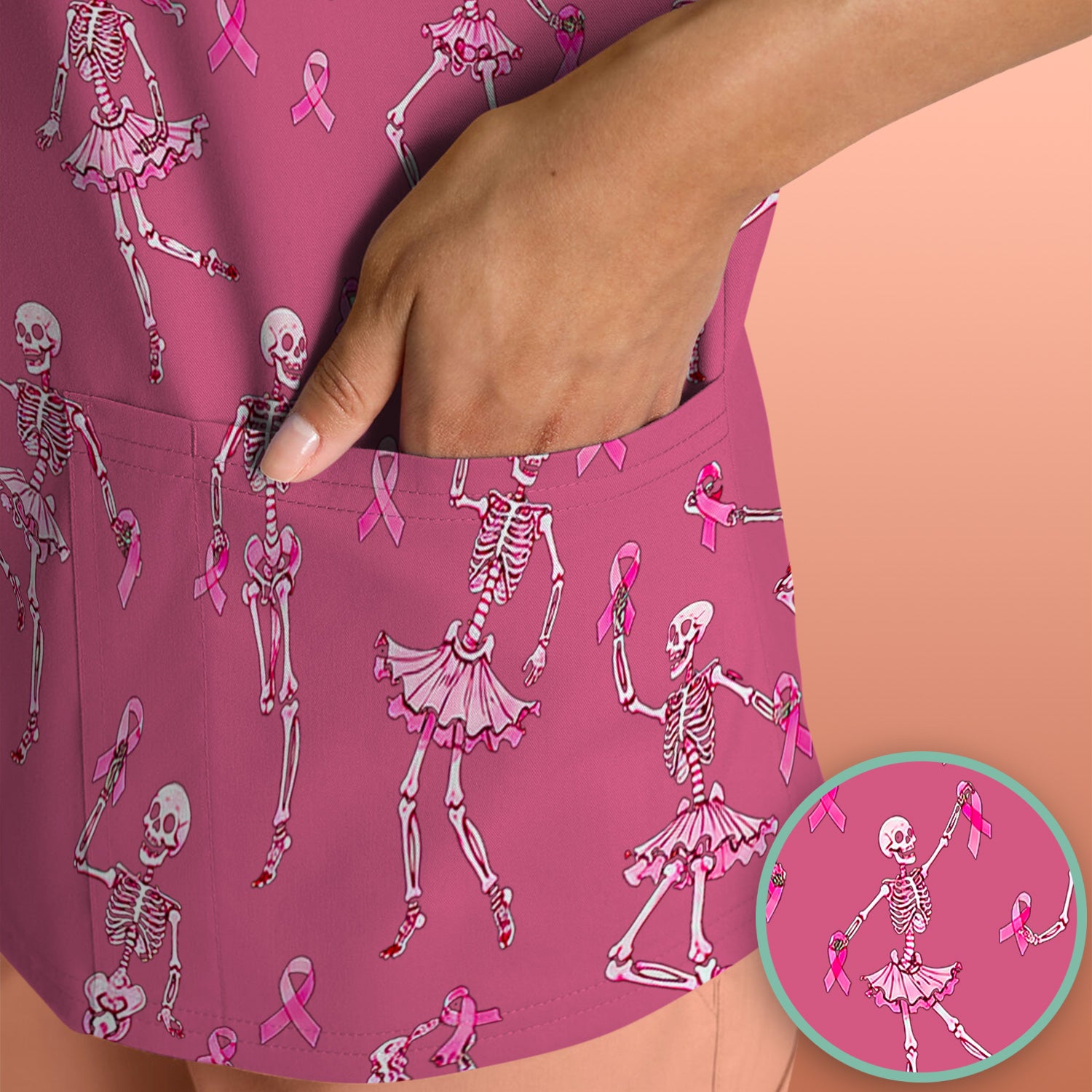 Breast Cancer Skeleton Nurse Scrub Top, Comfortable Scrubs for Nurses