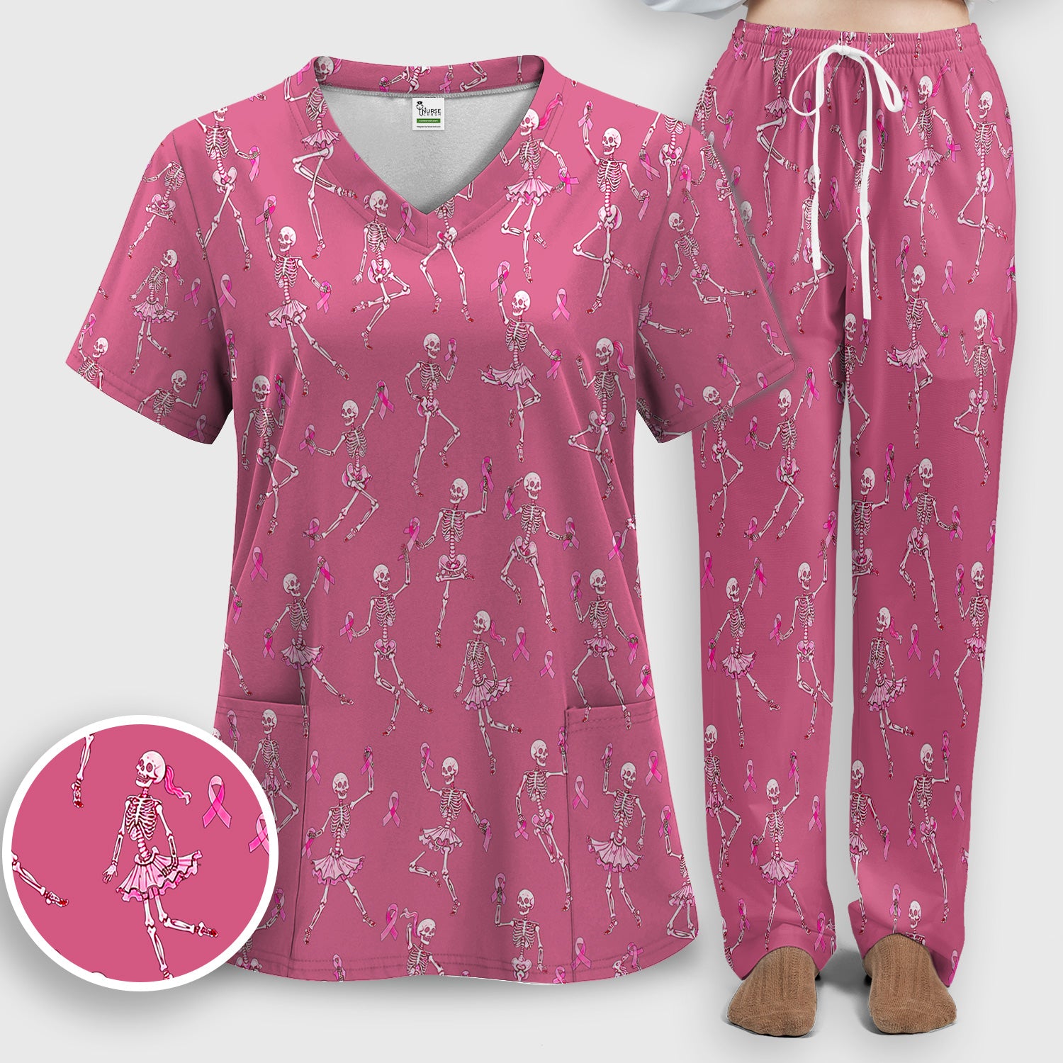 Breast Cancer Skeleton Nurse Scrub Set, Scrub Pants and V Neck Top