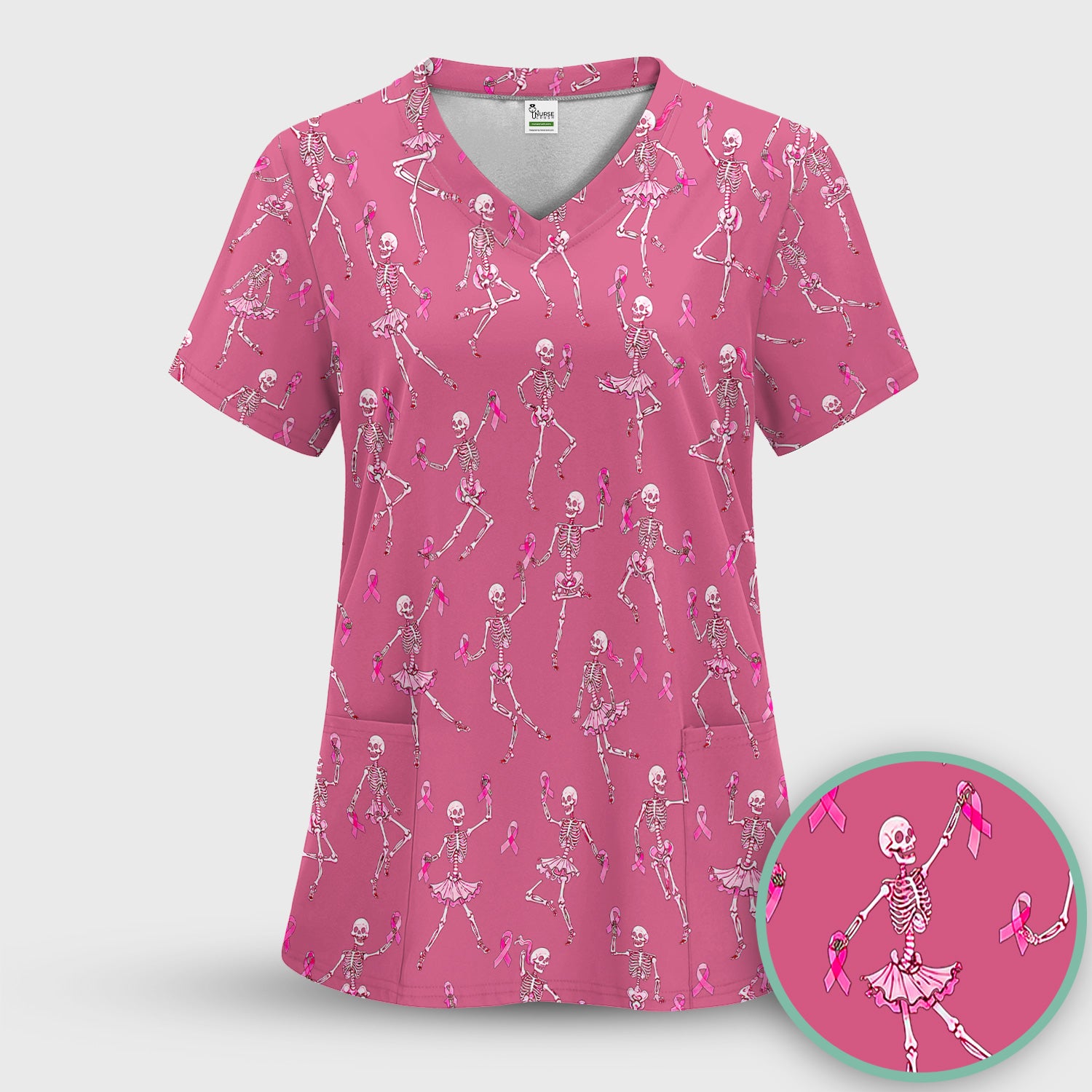 Breast Cancer Skeleton Nurse Scrub Top, Comfortable Scrubs for Nurses