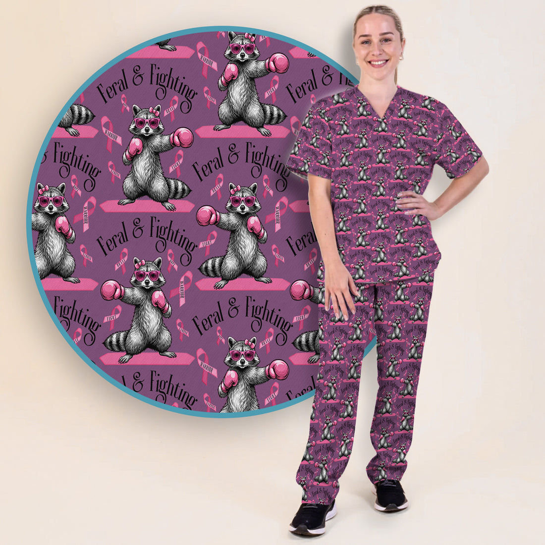 Breast Cancer Awareness Raccoon Scrub Set, Scrub Pants and V Neck Top