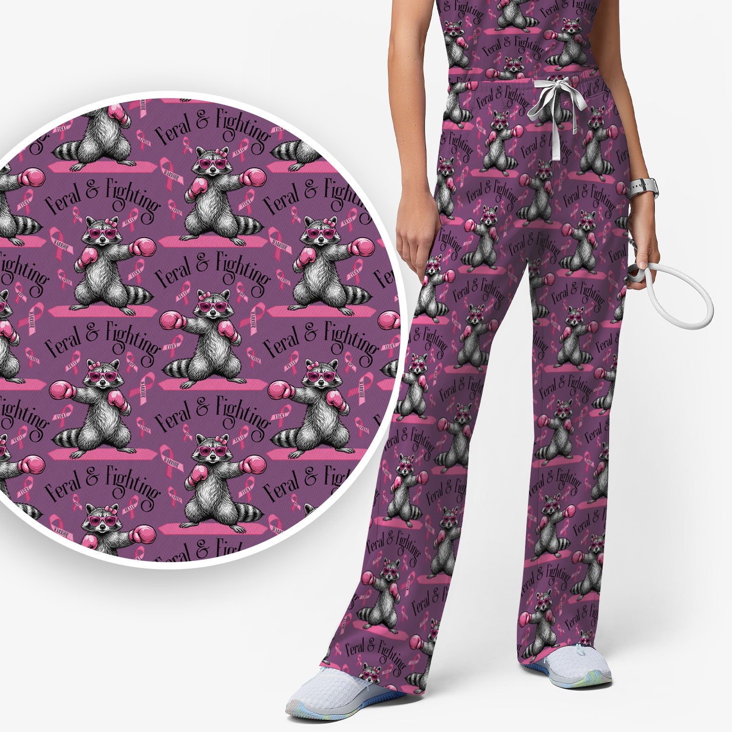 Breast Cancer Awareness Raccoon Scrub Set, Scrub Pants and V Neck Top