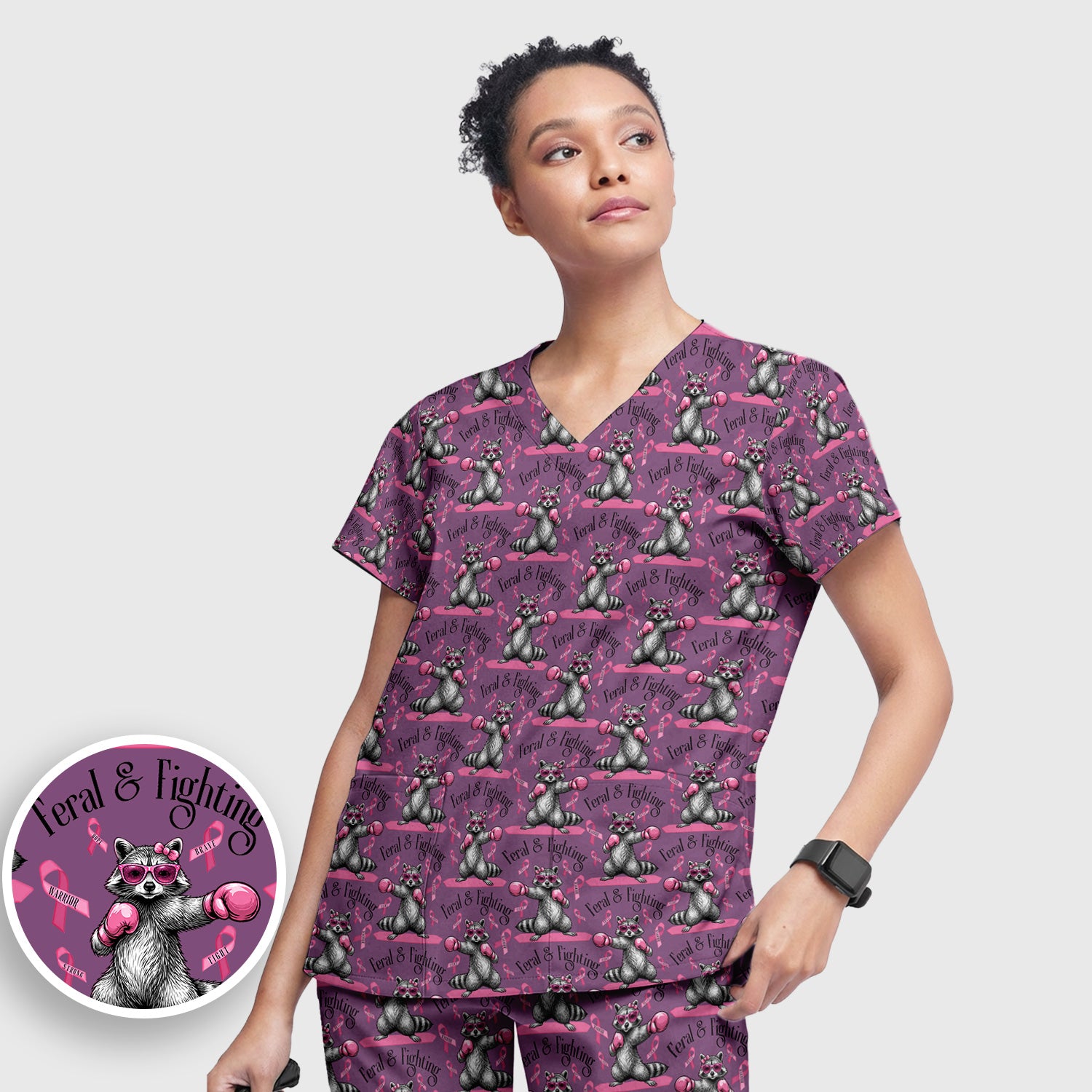 Breast Cancer Awareness Raccoon Scrub Set, Scrub Pants and V Neck Top
