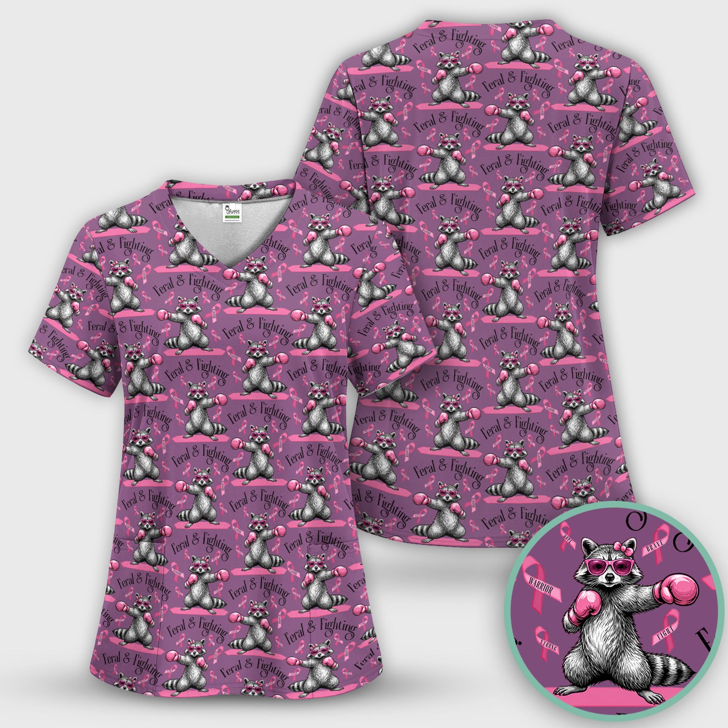 Breast Cancer Awareness Raccoon Scrub Set, Scrub Pants and V Neck Top