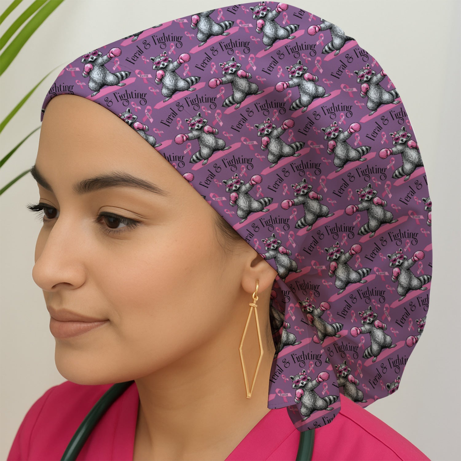 Breast Cancer Awareness Raccoon Scrub Cap, Surgical Caps for Doctors