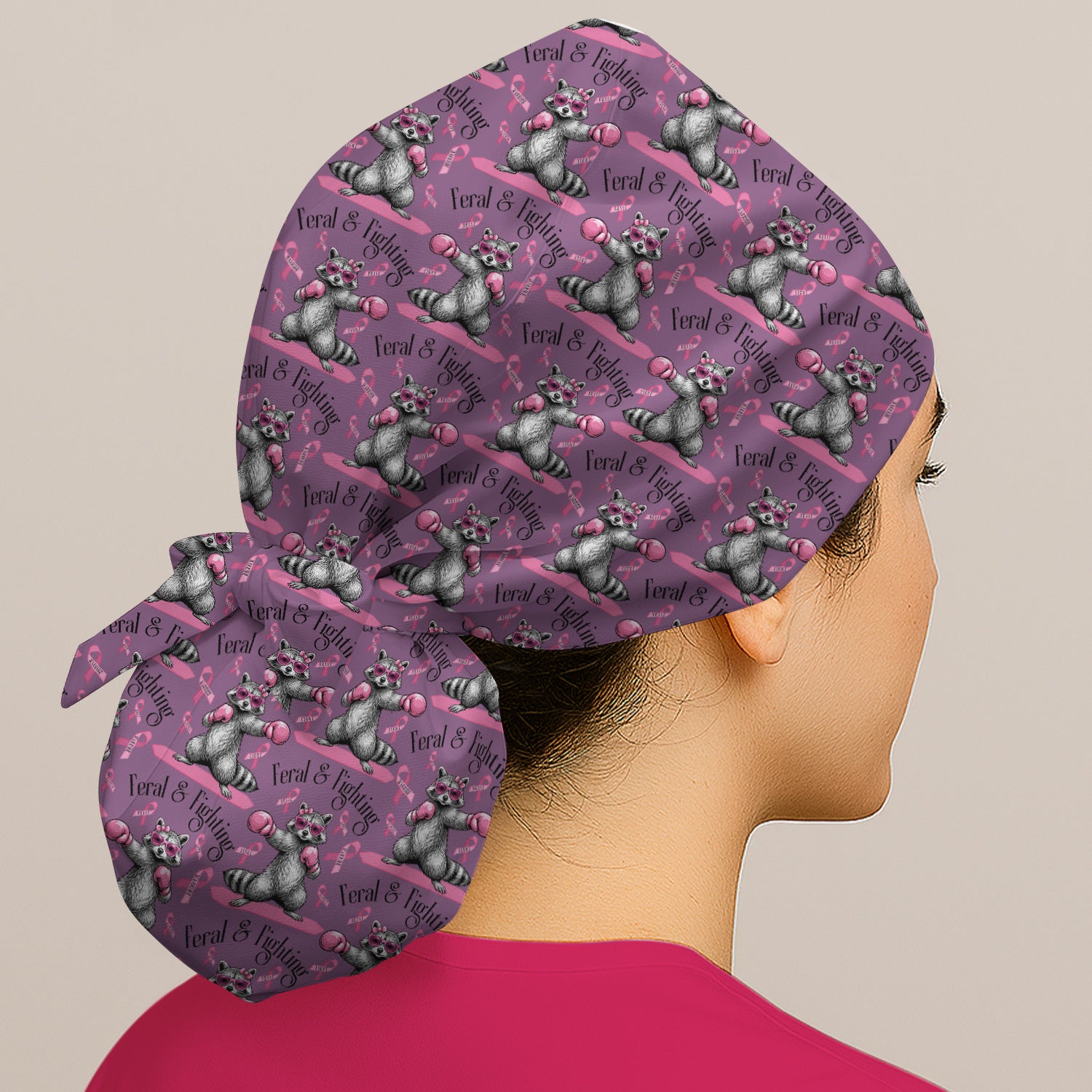 Breast Cancer Awareness Raccoon Scrub Cap, Surgical Caps for Doctors