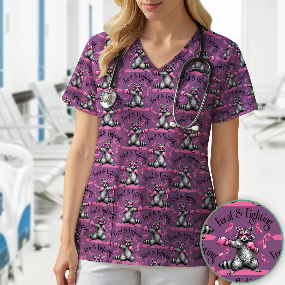 Breast Cancer Awareness Raccoon Scrub Top, Comfortable Scrubs for Nurses