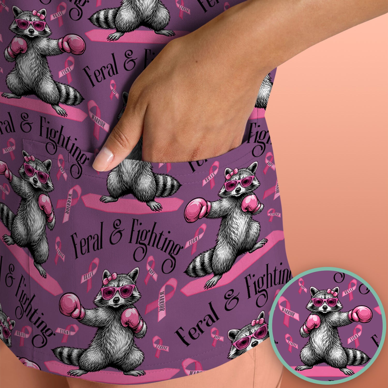 Breast Cancer Awareness Raccoon Scrub Top, Comfortable Scrubs for Nurses