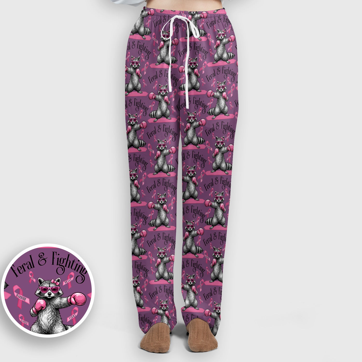 Breast Cancer Awareness Raccoon Scrub Set, Scrub Pants and V Neck Top