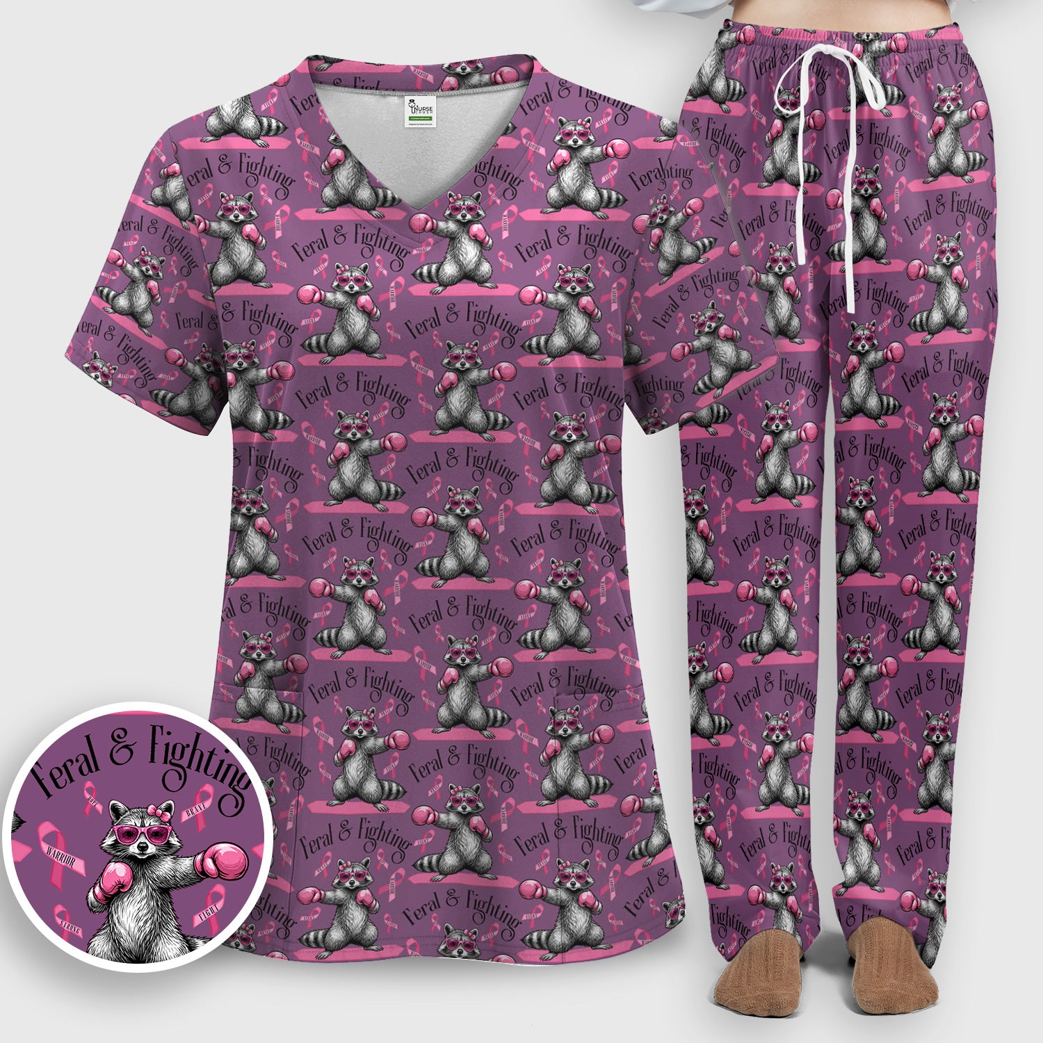 Breast Cancer Awareness Raccoon Scrub Set, Scrub Pants and V Neck Top