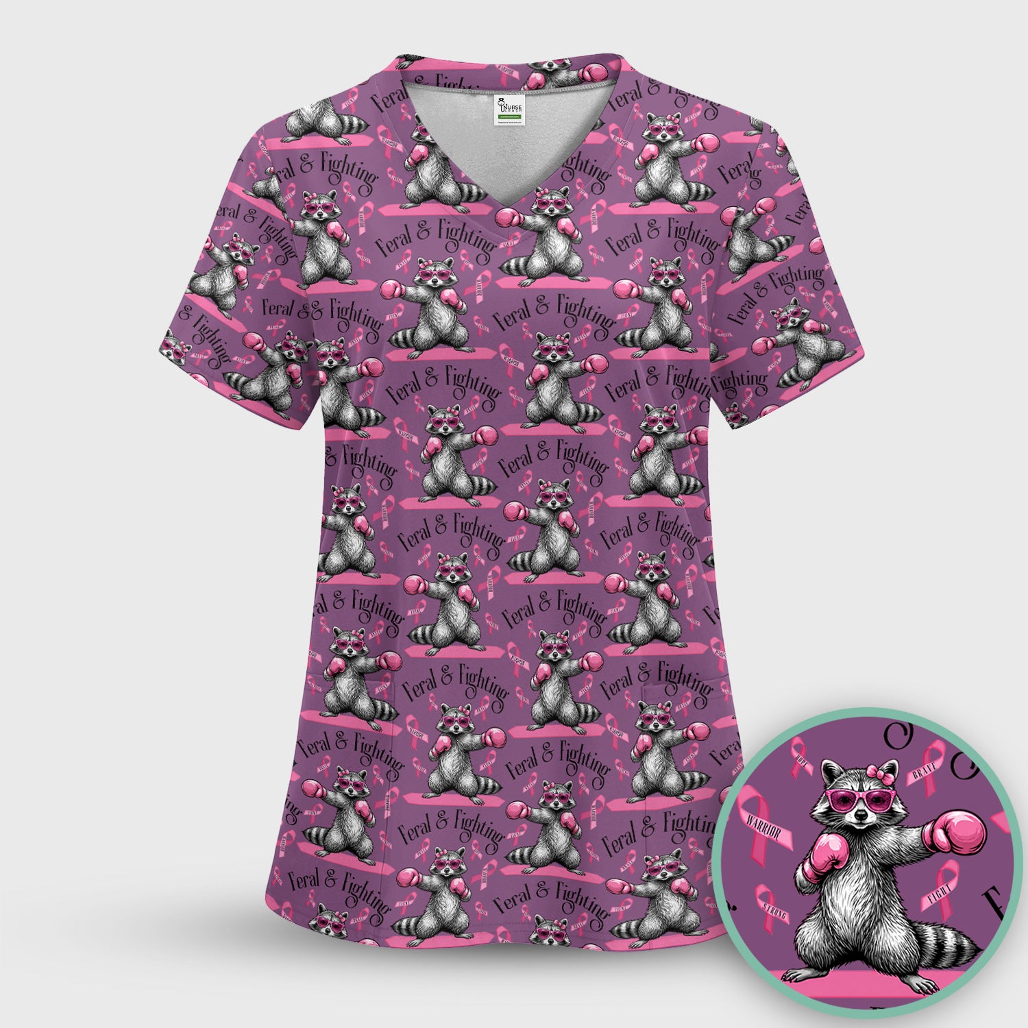 Breast Cancer Awareness Raccoon Scrub Set, Scrub Pants and V Neck Top
