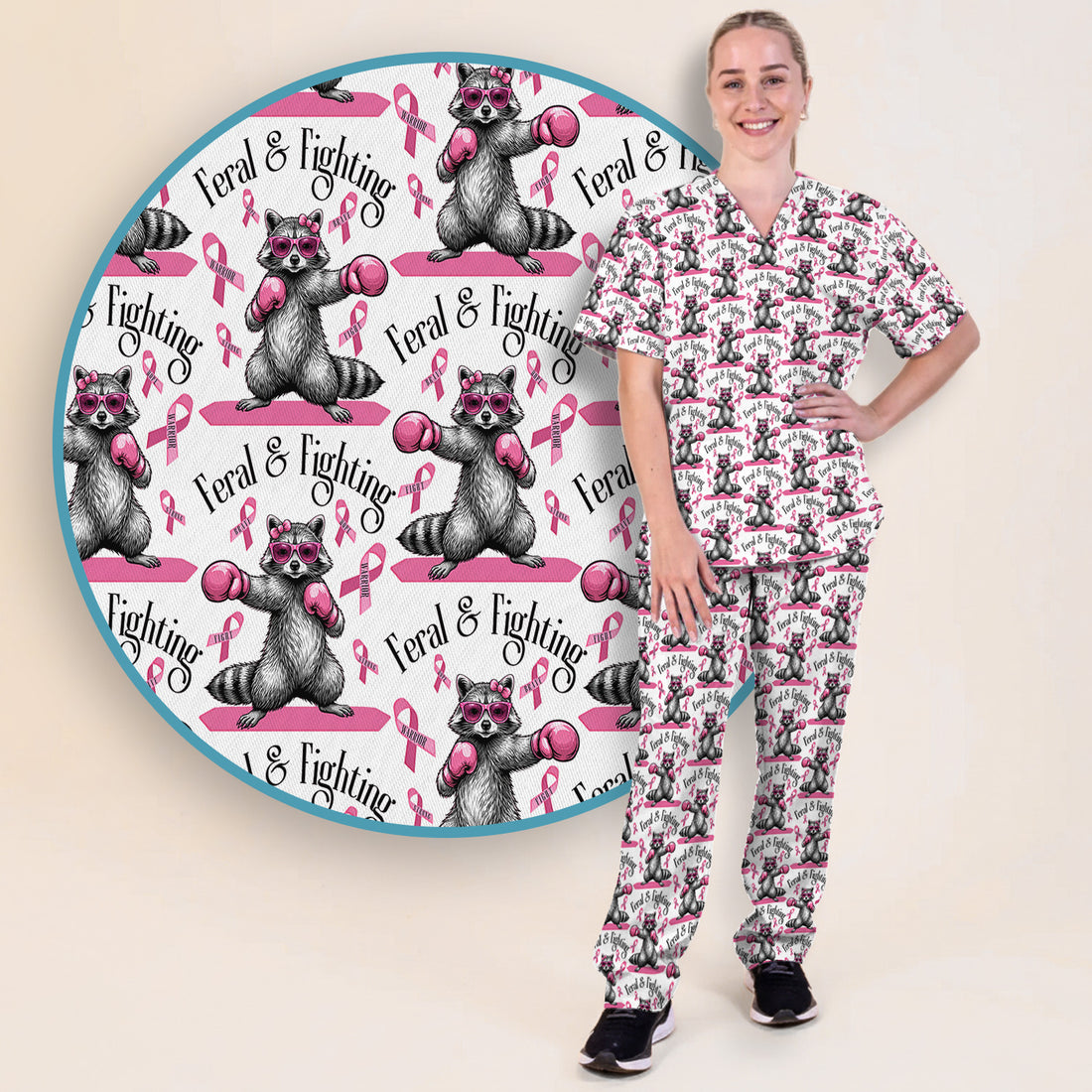 Breast Cancer Awareness Raccoon Scrub Set, Scrub Pants and V Neck Top