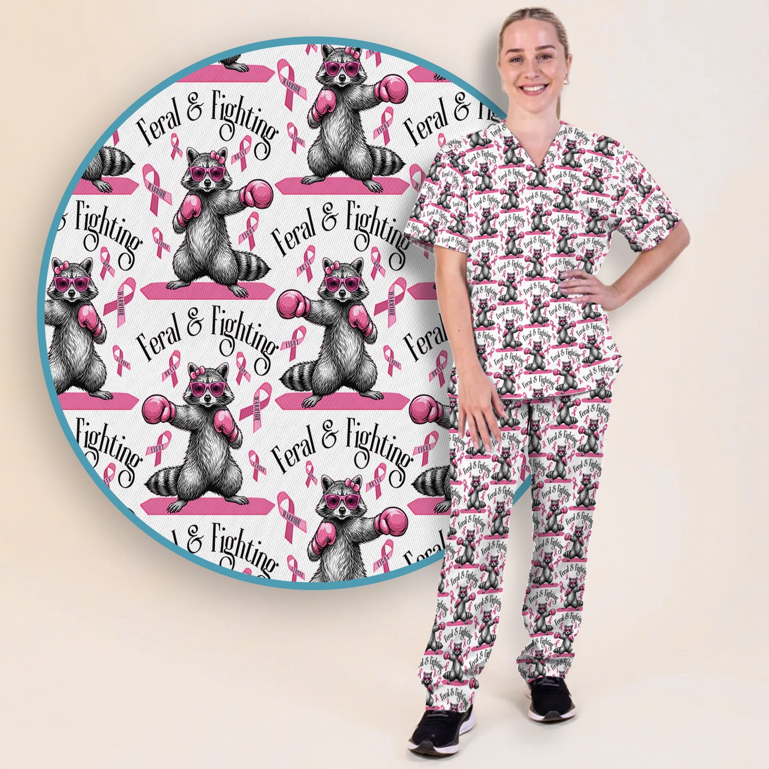 Breast Cancer Awareness Raccoon Scrub Set, Scrub Pants and V Neck Top
