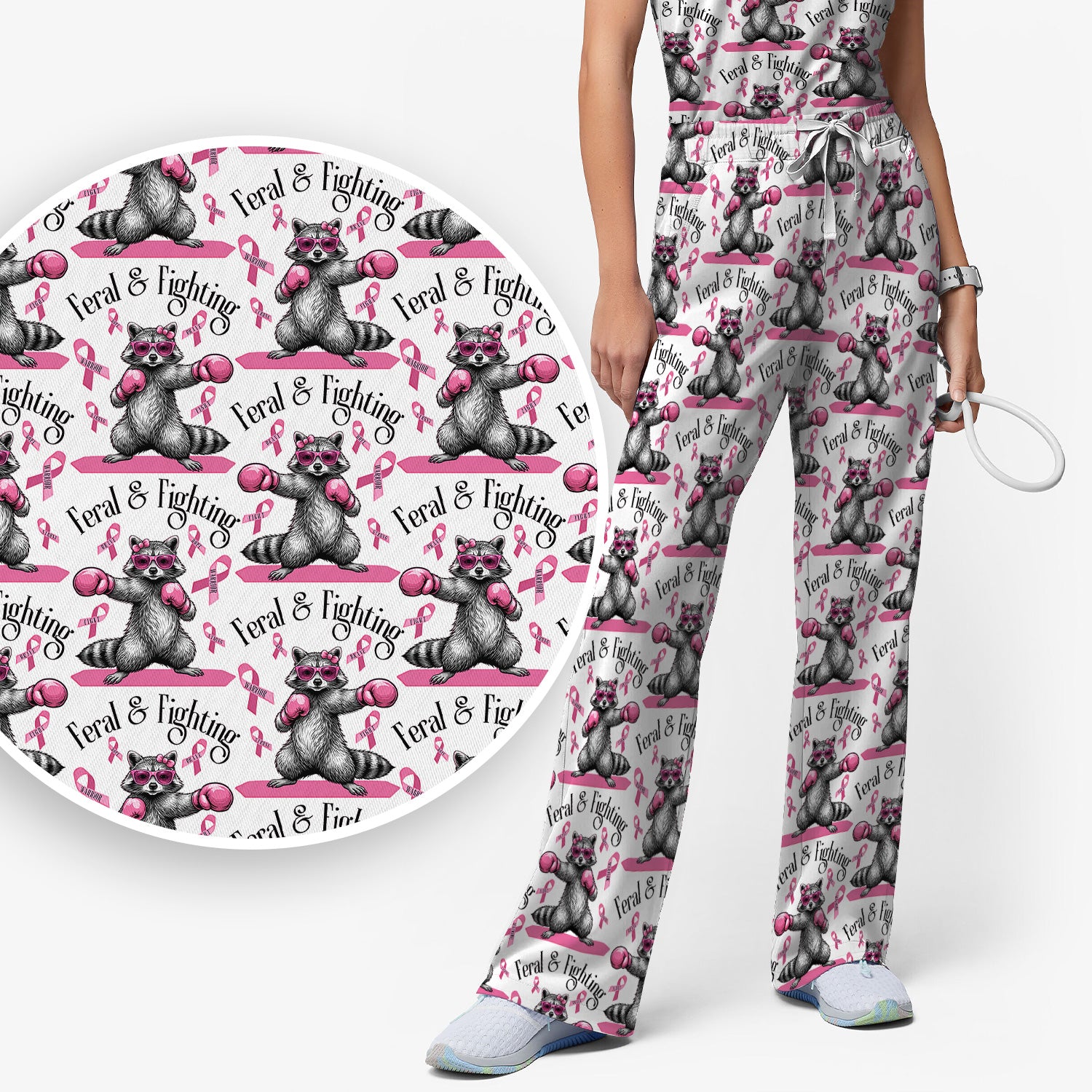 Breast Cancer Awareness Raccoon Scrub Set, Scrub Pants and V Neck Top