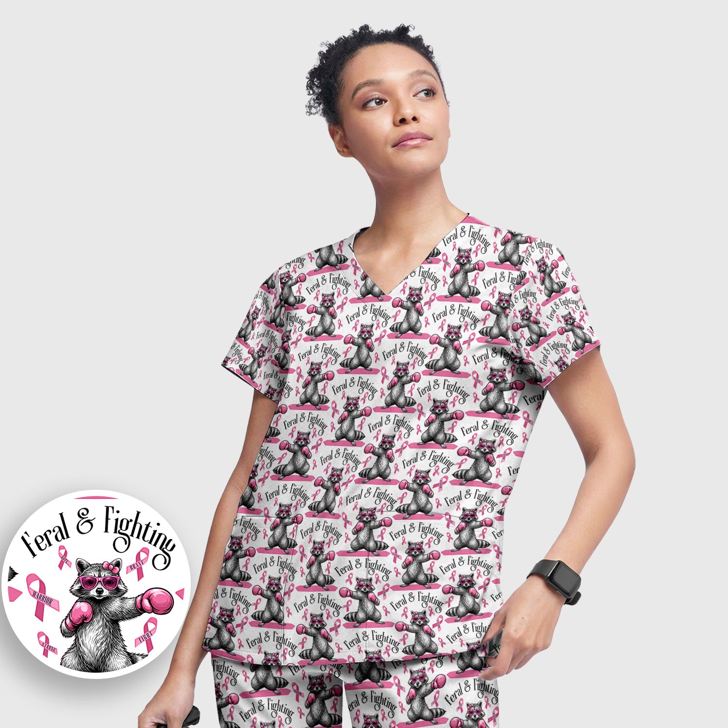 Breast Cancer Awareness Raccoon Scrub Set, Scrub Pants and V Neck Top