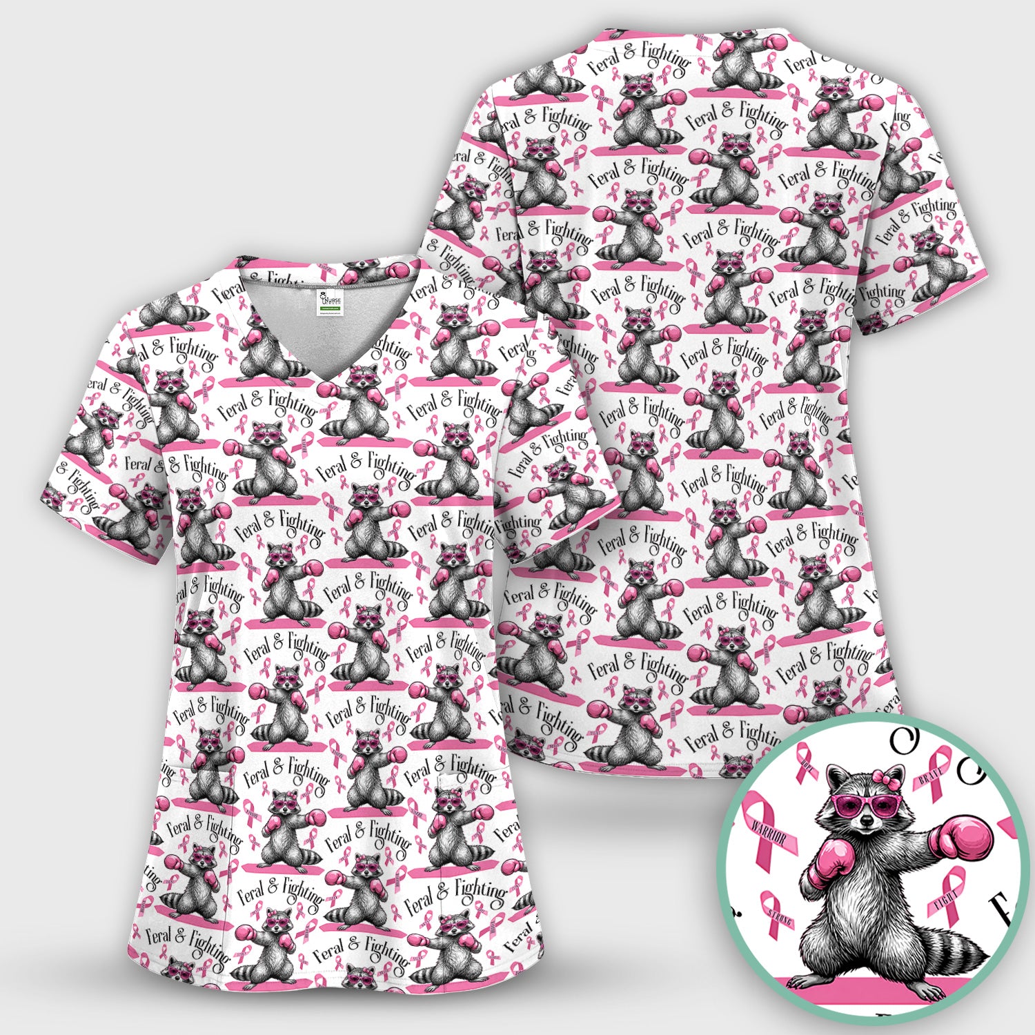 Breast Cancer Awareness Raccoon Scrub Set, Scrub Pants and V Neck Top