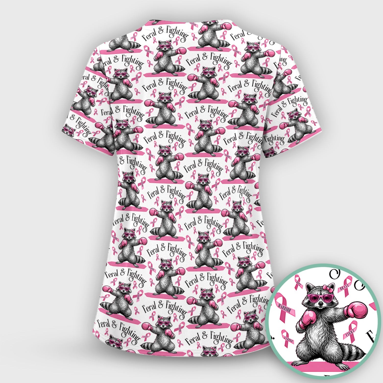 Breast Cancer Awareness Raccoon Scrub Set, Scrub Pants and V Neck Top