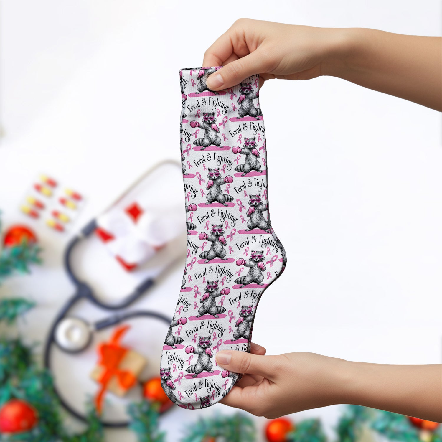 Breast Cancer Awareness Raccoon Socks, Adult Socks for Men and Women