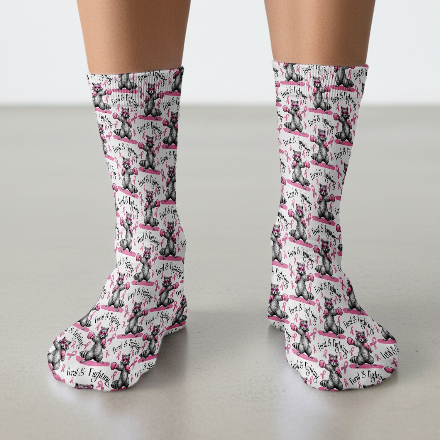 Breast Cancer Awareness Raccoon Socks, Adult Socks for Men and Women